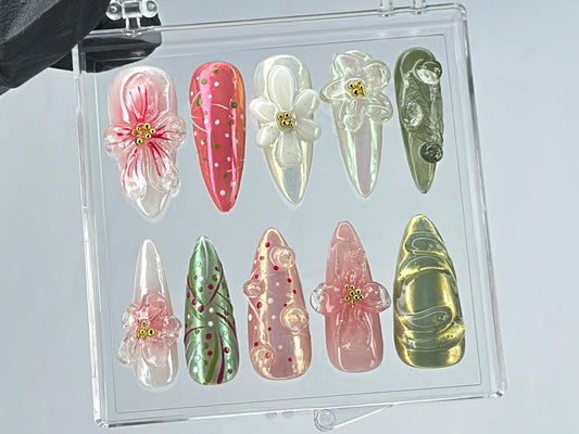 Garden Blossom Press On Nails | Unique Acrylic Press On Nails | Fake Nails | Nature Inspired Nail Art | Summer nails | press ons | HD447TL