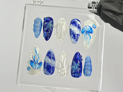 Mystical Ocean Press On Nails | Handcrafted with Jellyfish On Fake nails | Custom Press Ons | summer press on nails | HD449T