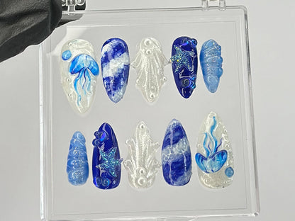 Mystical Ocean Press On Nails | Handcrafted with Jellyfish On Fake nails | Custom Press Ons | summer press on nails | HD449T