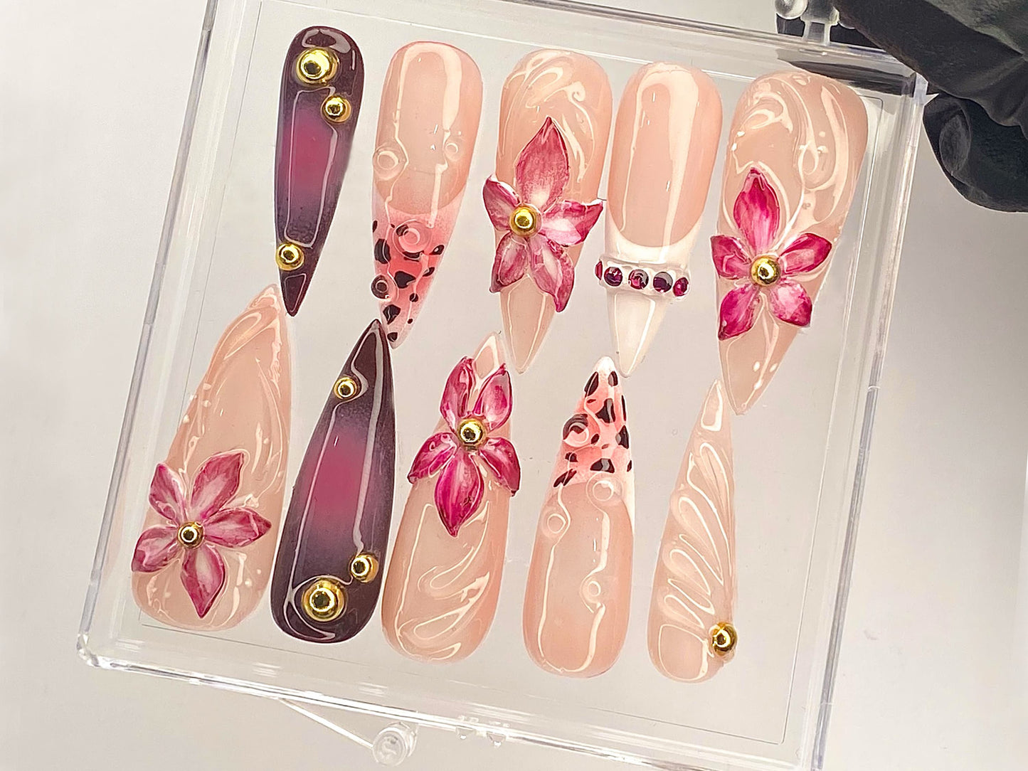 Elegant Floral Gem Press On Nail | Pink Blossom Nail Art | Luxury Flower Acrylic Nails | Artisan Pink Floral Fake Nails | Handmade | HD491YL