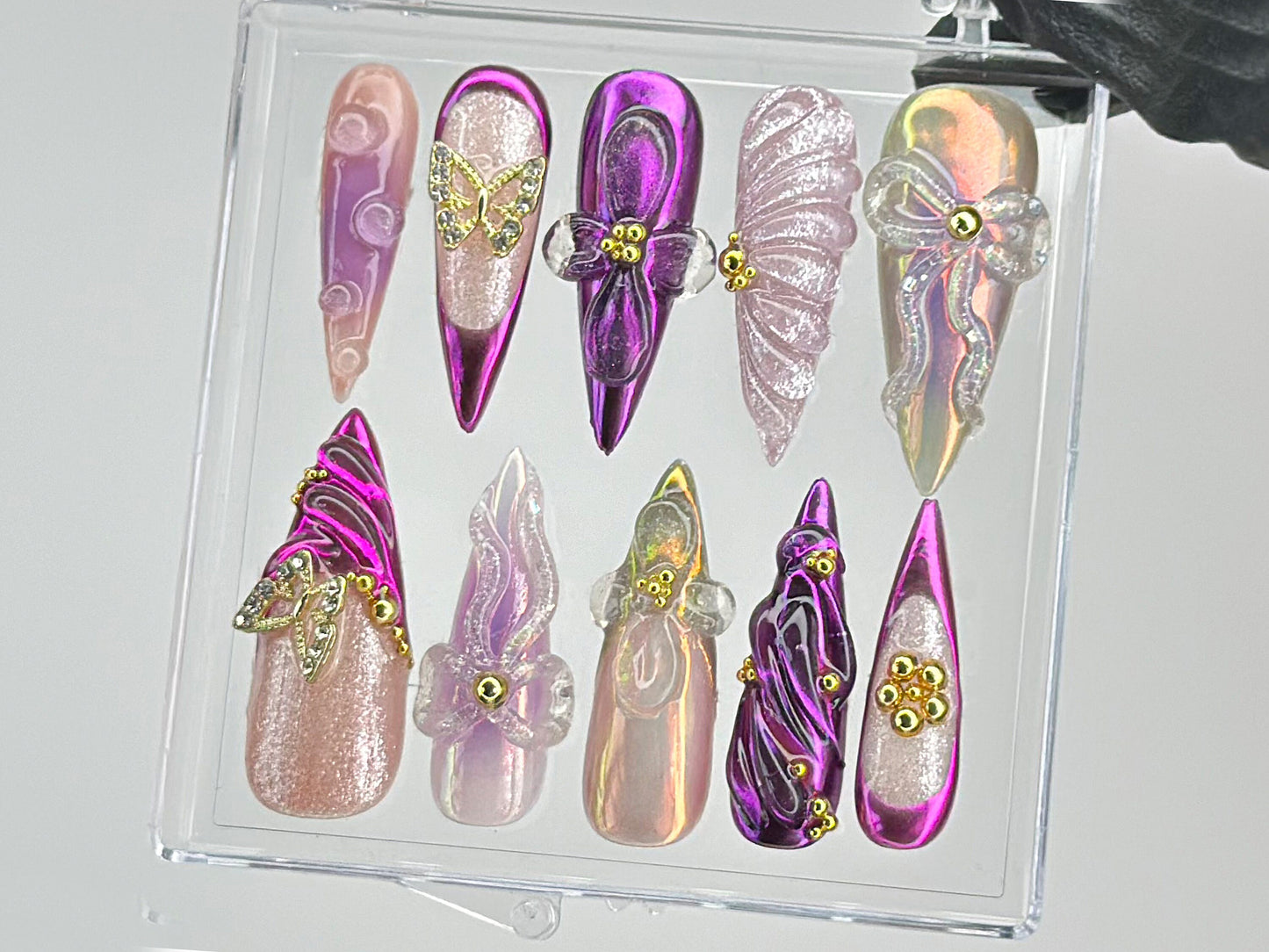 Vibrant Purple Press On Nails | Luxurious Purple Nail Art | Butterfly charms on Fake Nails | 3D Floral Nail Charms | Press Ons | HD451TL