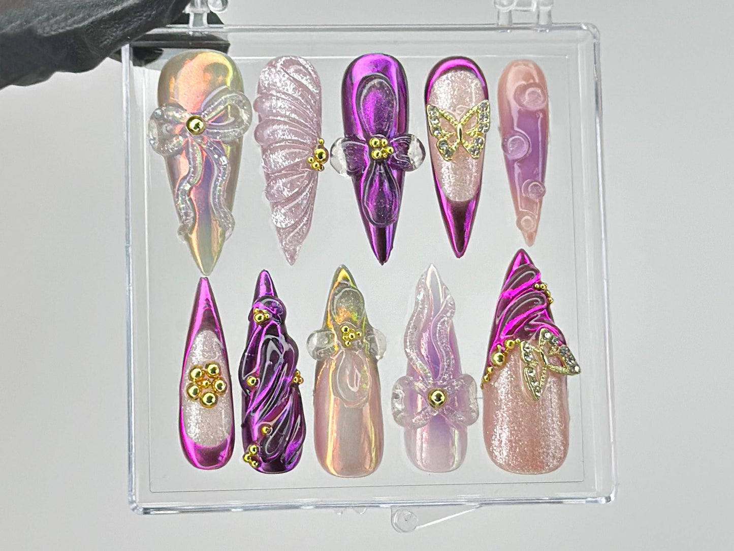 Vibrant Purple Press On Nails | Luxurious Purple Nail Art | Butterfly charms on Fake Nails | 3D Floral Nail Charms | Press Ons | HD451TL