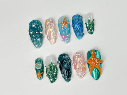 3D Tropical Beach Press On Nails | Ocean-Themed with Seaweed, Seashells, and Starfish | Handmade Press On Nails | J316SL