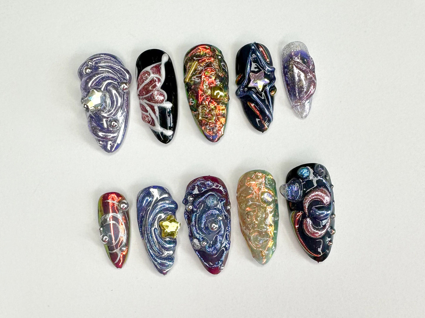 Galactic 3D Press On Nails | Handcrafted Press On Nails with Cosmic and Star Designs | Perfect for a Bold Look | 3D Gel x Nails | J331SC