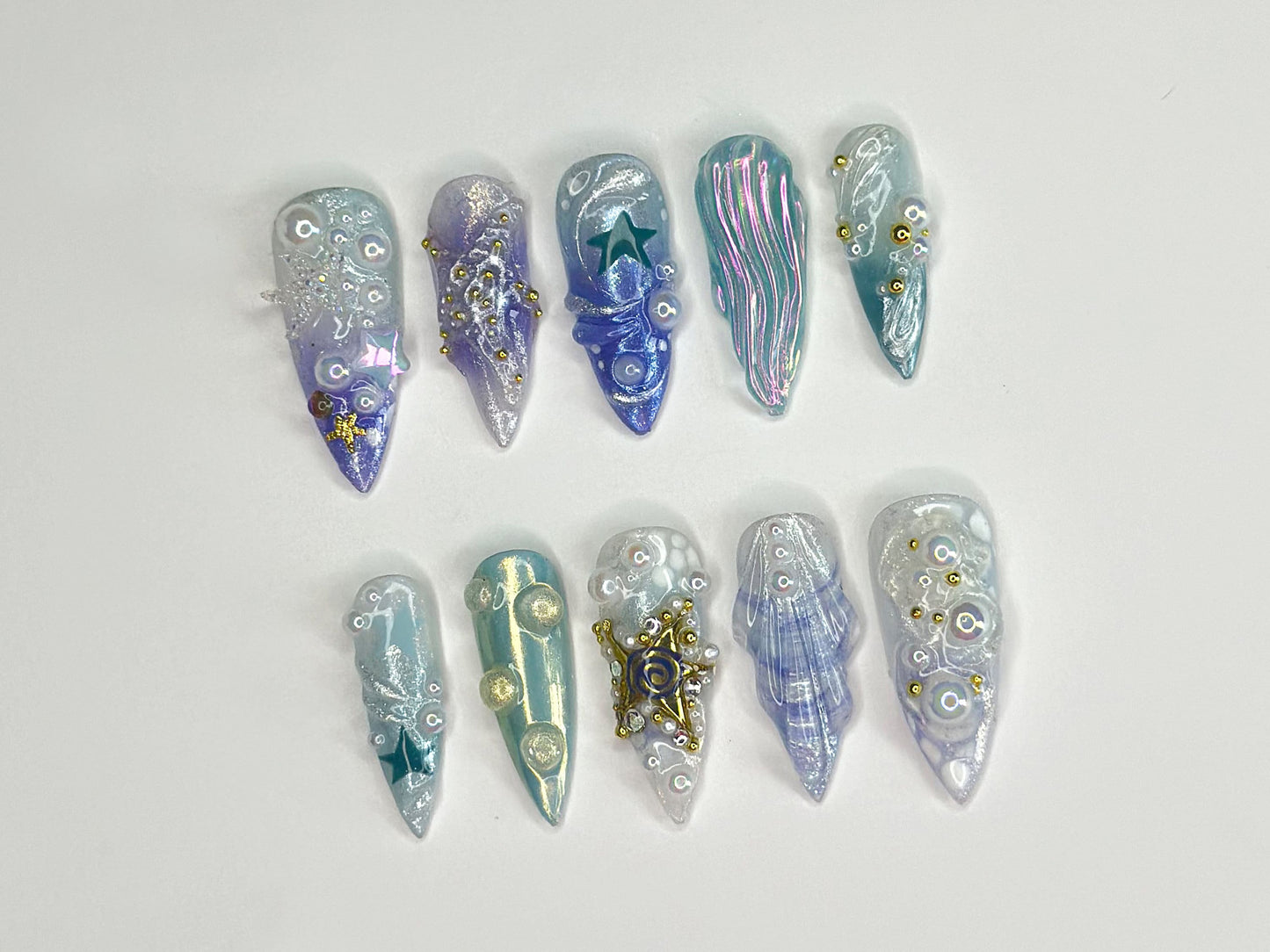 3D Tropical Beach Press On Nails | Ocean-Themed with Seaweed, Seashells, and Starfish | Handmade Press On Nails | J328SL