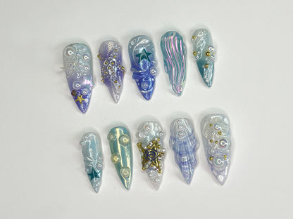 3D Tropical Beach Press On Nails | Ocean-Themed with Seaweed, Seashells, and Starfish | Handmade Press On Nails | J328SL