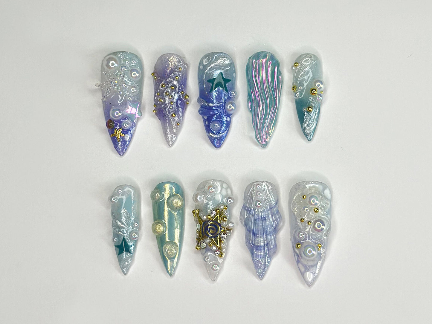 3D Tropical Beach Press On Nails | Ocean-Themed with Seaweed, Seashells, and Starfish | Handmade Press On Nails | J328SL