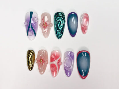 Vibrant 3D Press On Nails | Handcrafted Press On Nails with Floral and Abstract Designs | Perfect for Any Occasion | J321SL