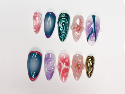 Vibrant 3D Press On Nails | Handcrafted Press On Nails with Floral and Abstract Designs | Perfect for Any Occasion | J321SL