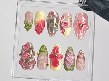 Designer Floral Press On Nails | Luxury 3D Flower Nail Art | Custom Press On Nails | Romantic Nail Art in Fake Nails | Press Ons | HD453TL