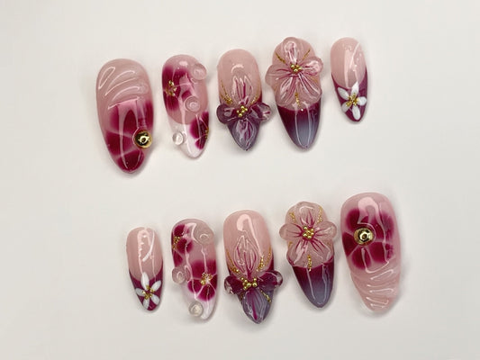 Elegant Floral Press-On Nails | Handcrafted Pink - Burgundy Gradient | 3D Flowers - Rhinestone Accents| Perfect for Special Occasions|J349SL