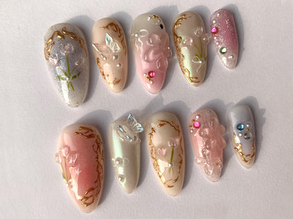 Dreamy Flowers Press On Nails Almond | Jelly Pastel Tulip Nail Art | 3D FairyCore Flower Press Ons | Romantic Nail Art in Fake Nails | J176S