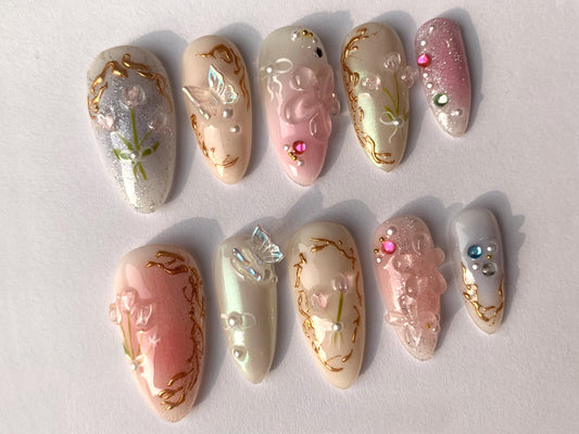 Dreamy Flowers Press On Nails Almond | Jelly Pastel Tulip Nail Art | 3D FairyCore Flower Press Ons | Romantic Nail Art in Fake Nails | J176S