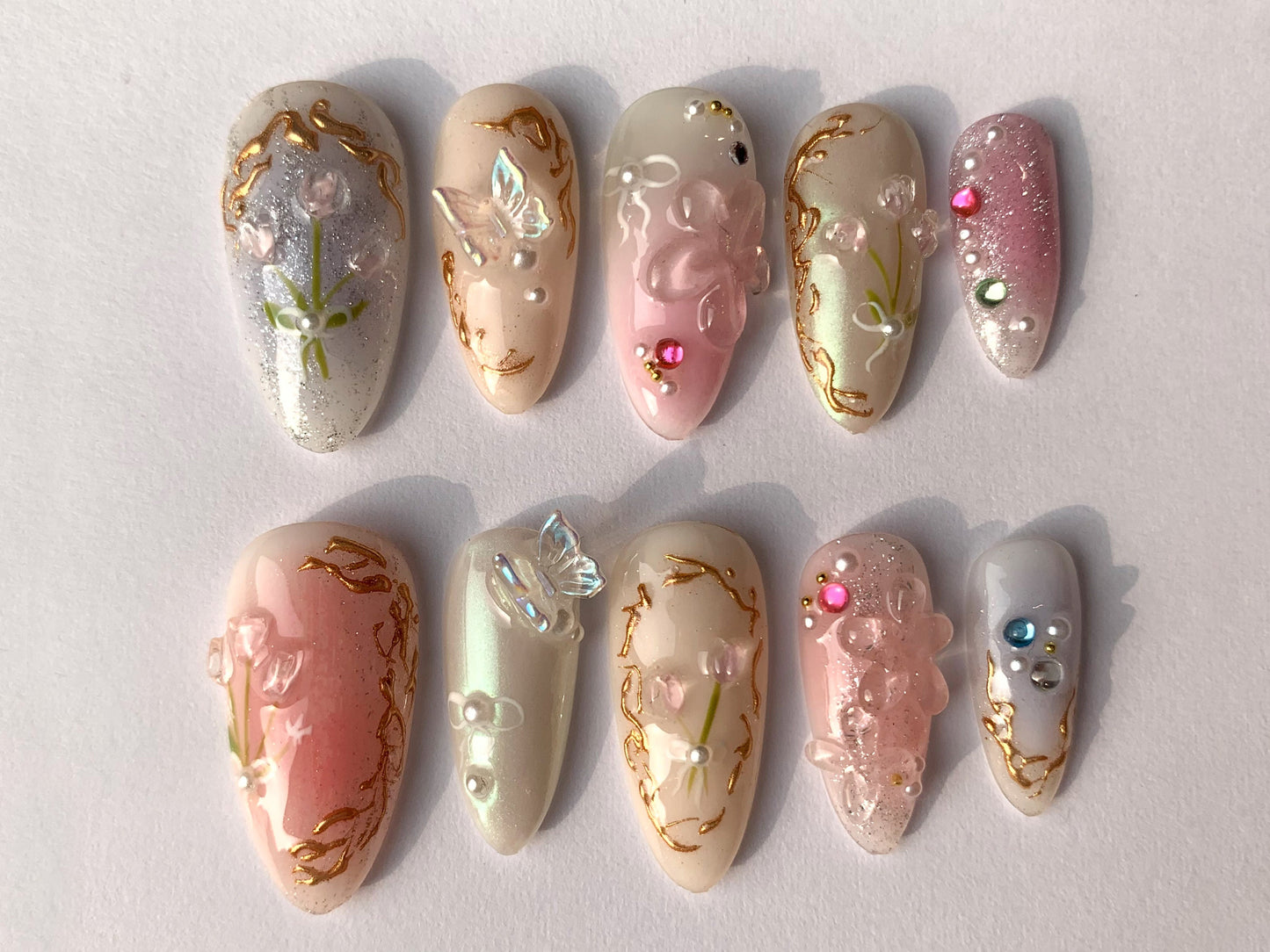 Dreamy Flowers Press On Nails Almond | Jelly Pastel Tulip Nail Art | 3D FairyCore Flower Press Ons | Romantic Nail Art in Fake Nails | J176S