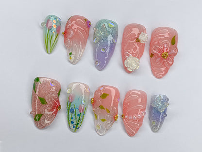 Dreamy Flowers Press On Nails Almond | Jelly Pastel Tulip Nail Art | 3D FairyCore Flower Press Ons | Romantic Nail Art in Fake Nails | J418S