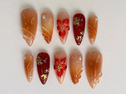 Custom Flower Fairycore Nails | Press On Nails Almond | Dreamy 3D Orchad Floral Press-Ons | Hand-painted Acrylic Spring Fake Nails | J369A