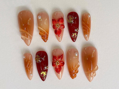 Custom Flower Fairycore Nails | Press On Nails Almond | Dreamy 3D Orchad Floral Press-Ons | Hand-painted Acrylic Spring Fake Nails | J369A