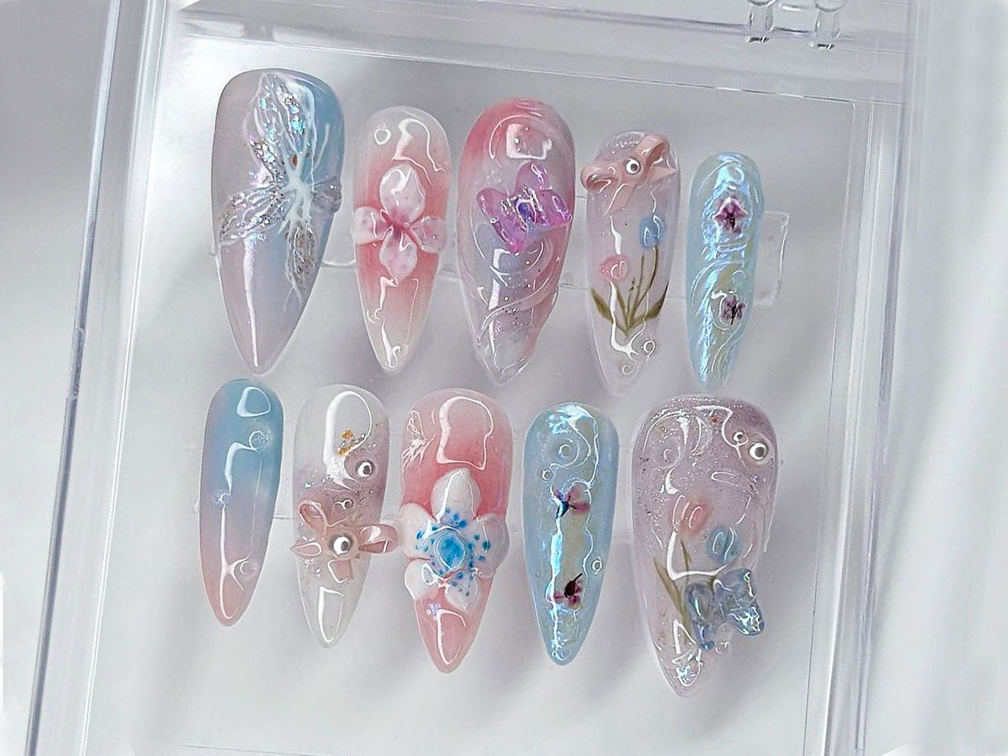 Enchanted Garden Press-On Nails | Floral and Butterfly 3D Nail Art | Handcrafted Fake Nails | Nail Charms | Press Ons | Gift for her| HD462T