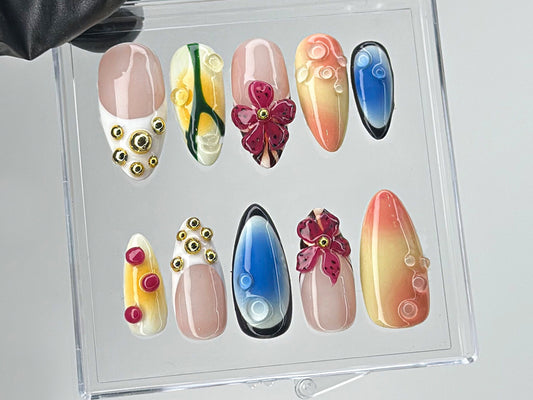 Chic Summer Press-On Nails | Bright Gradient & Floral On Fake Nails | Luxury Gold Studs Nail Charms | 3D Floral Nail Art | HD461TL