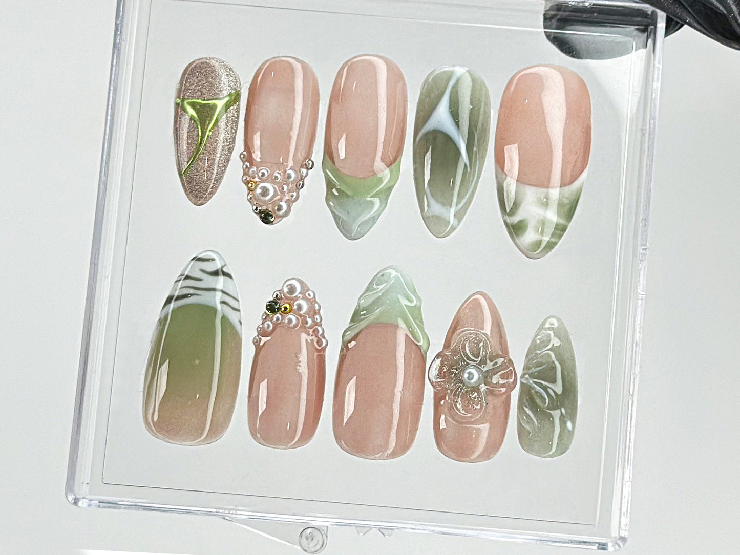 Green French Tips Press On Nails | Luxury False Nails with Floral and Leaf Designs | 3D Floral Nail Art| Summer nails | nail charms| HD467TG