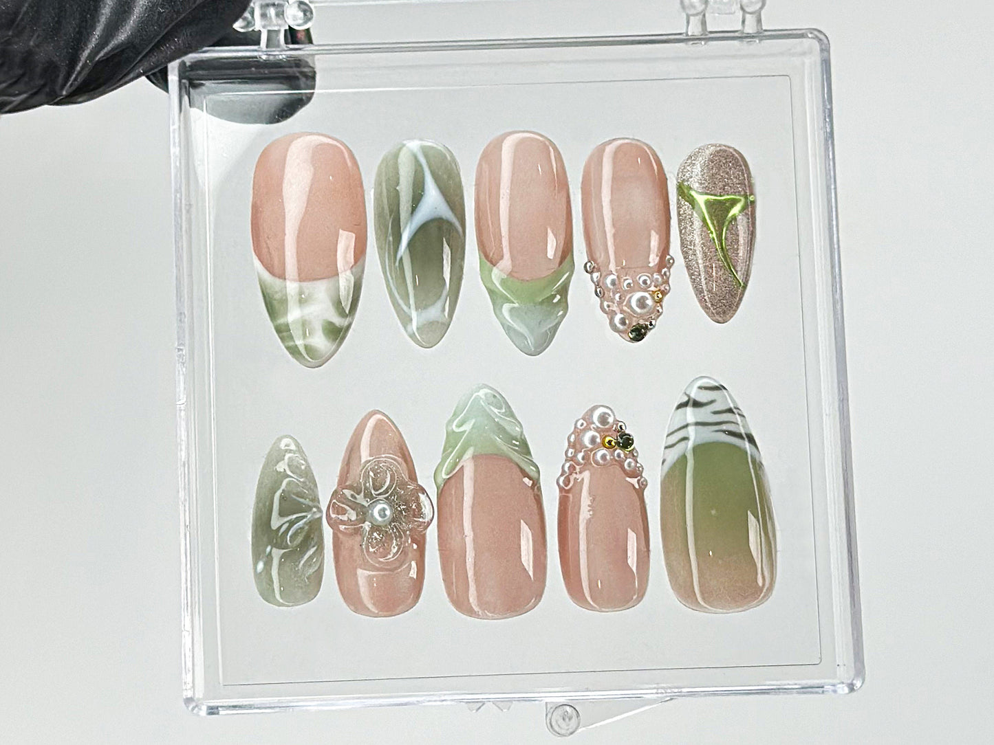 Green French Tips Press On Nails | Luxury False Nails with Floral and Leaf Designs | 3D Floral Nail Art| Summer nails | nail charms| HD467TG