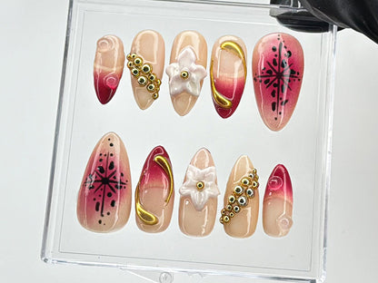 Luxury Golden Accented Press On Nails | Dreamy 3D Floral Press-Ons | Hand-painted Acrylic Spring Fake Nails | French tip press ons | HD468TH