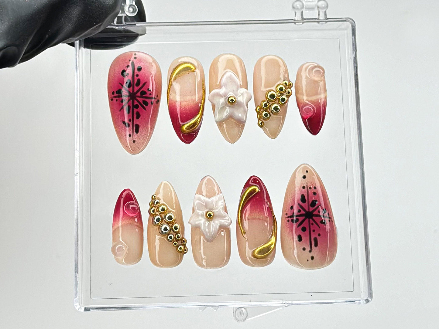 Luxury Golden Accented Press On Nails | Dreamy 3D Floral Press-Ons | Hand-painted Acrylic Spring Fake Nails | French tip press ons | HD468TH