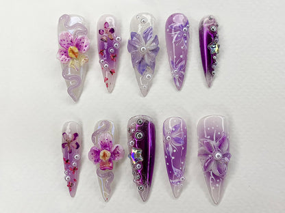 Fairy Tale Flower Long Almond Press On Nails | 3D Orchad Floral Fairycore Press-Ons | Hand-painted Purple Acrylic Fall Dreamy Nails | J394AL