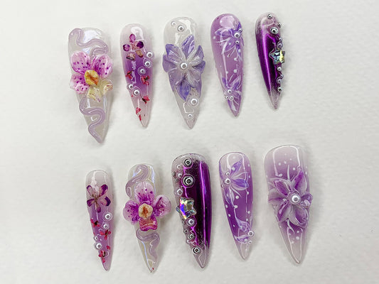 Fairy Tale Flower Long Almond Press On Nails | 3D Orchad Floral Fairycore Press-Ons | Hand-painted Purple Acrylic Fall Dreamy Nails | J394AL