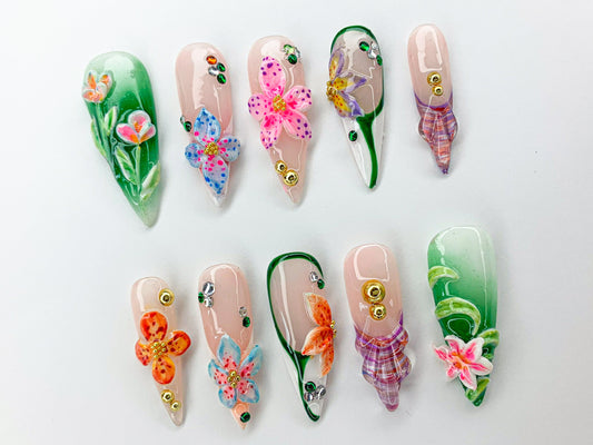 Colorful Dreamy Press On Nails | 3D Jelly Orchids Nail Art | Hand-painted Acrylic Floral Press-Ons | FairyCore Flower Fake Nails | J437SL