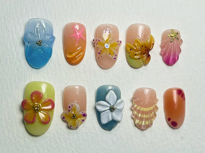 Jelly Floral Press On Nails Almond | 3D Orchad Flower, Oceanic, Mermaid Nail Art | Dreamy Handmade Press On Nails for Summer Vibes | J406A