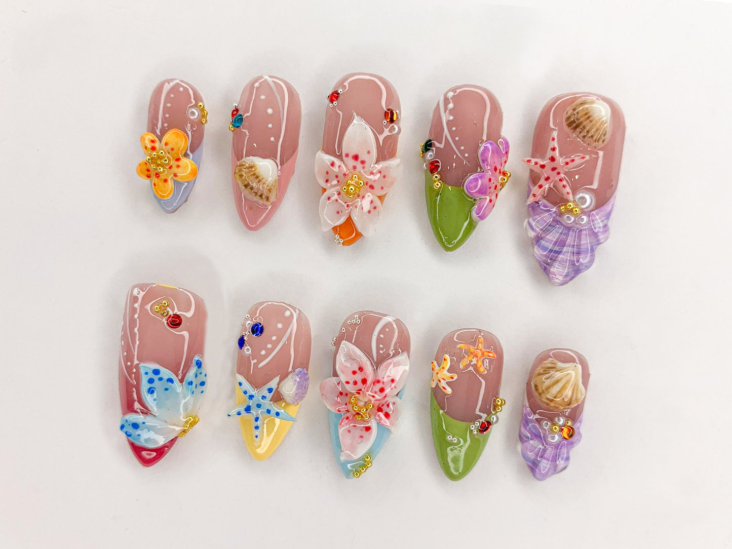 Ocean Bliss Press On Nails | Seashell & Starfish Nail Art | 3D Jelly Orchids Nail Art | Beach Vibes Press On | Under the Sea Nails | J439SL