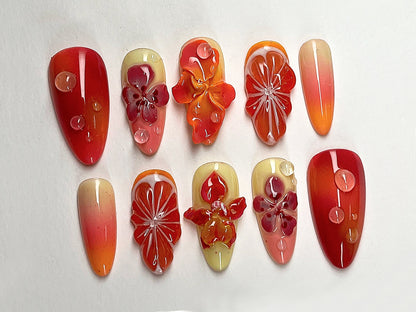 Summer Blossom Press On Nails | Tropical Sunset 3D Gel Floral Ombre Nail Art | Custom Handmade Floral Nails | Dreamy Almond Nails | J403A