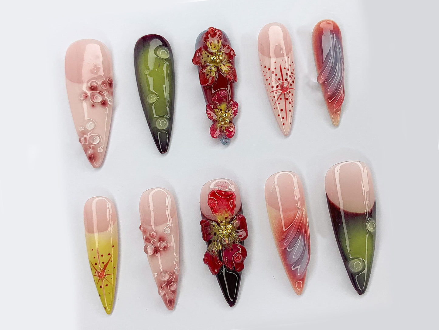 Custom Dreamy Press On Nails | 3D Jelly Orchids Nail Art | Hand-painted Acrylic Floral Press-Ons | FairyCore Flower Fake Nails | J330AK