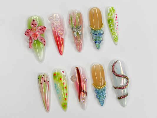 Vibrant Floral Press On Nails | Hand-Painted 3D Flowers, Butterflies, Colorful Designs | Perfect for Spring & Summer | J443SM