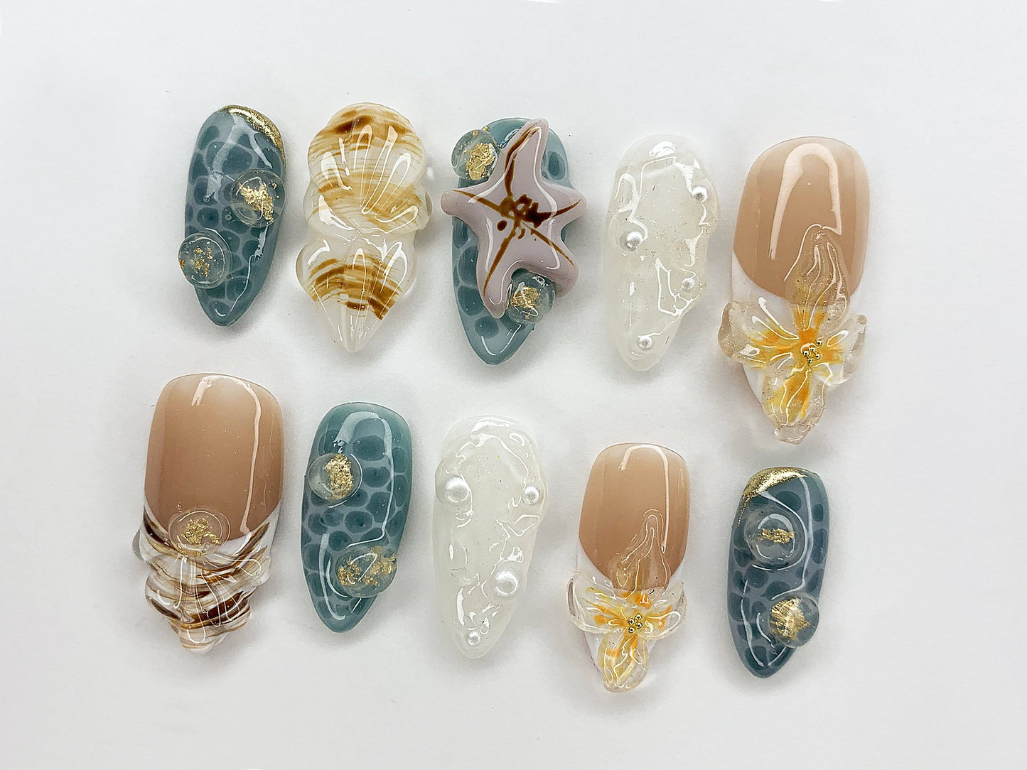 Ocean-Inspired Press On Nails Almond | 3D Beach Theme with Seashells and Starfish | Handmade Pearls Press On Nails for Summer Vibes | J393A