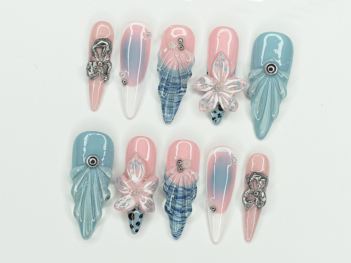 Jelly Ocean-Inspired Press On Nails Almond | 3D Beach Theme with Seashells and Flower | Handmade Press On Nails for Summer Vibes | J337AV