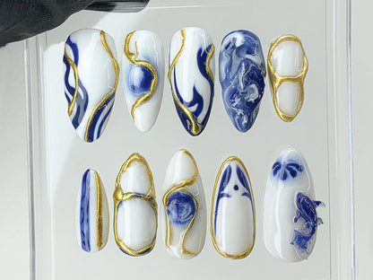 Japanese Koi Fish Porcelain Nail | Luxurious White Blue Press On Nails Holiday | Custom Handmade Vietnam Bát Tràng Ceramic Nail Art |HD480AV