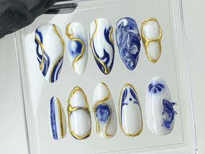 Japanese Koi Fish Porcelain Nail | Luxurious White Blue Press On Nails Holiday | Custom Handmade Vietnam Bát Tràng Ceramic Nail Art |HD480AV