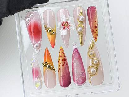 Secret Garden Long Almond Flowers Press On Nails | Custom 3D Handpainted FairyCore Acrylics Spring Press Ons | Gifts for Her | HD481AV