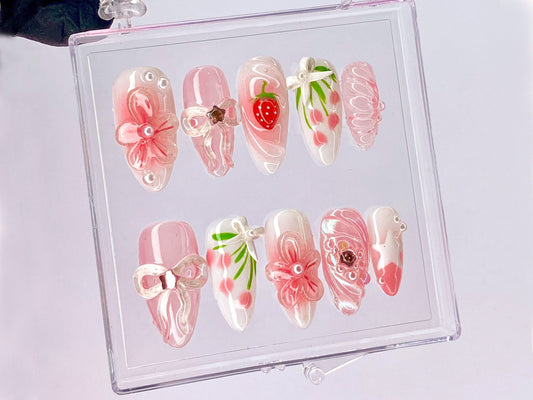 Sweet Strawberry Charm Press On Nail | Pink Bows and Flowers Nail | Floral Strawberry | Delicate Pink Floral | Y2K White Star Nail | HD433YL