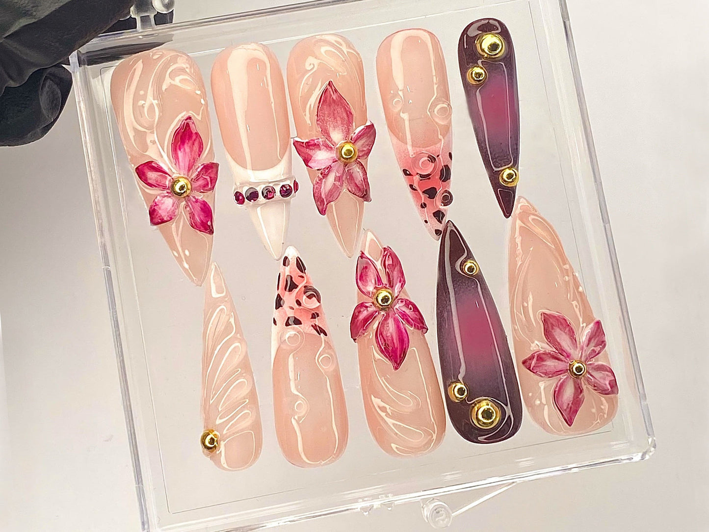 Elegant Floral Gem Press On Nail | Pink Blossom Nail Art | Luxury Flower Acrylic Nails | Artisan Pink Floral Fake Nails | Handmade | HD491YL