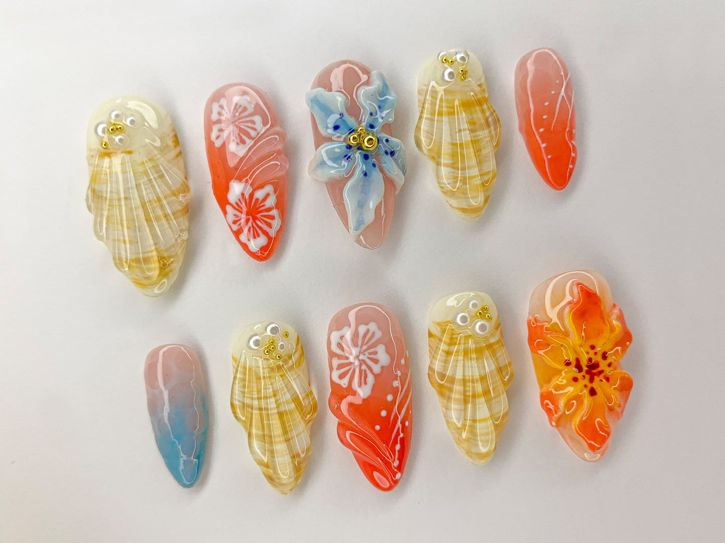 Ocean-Inspired 3D Press On Nails | Beach Theme with Seashells and Orchards | Handmade Press On Nails for Summer Vibes | J456SL