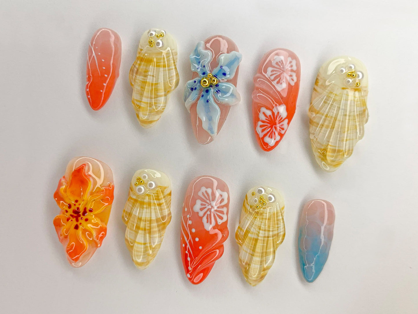 Ocean-Inspired 3D Press On Nails | Beach Theme with Seashells and Orchards | Handmade Press On Nails for Summer Vibes | J456SL