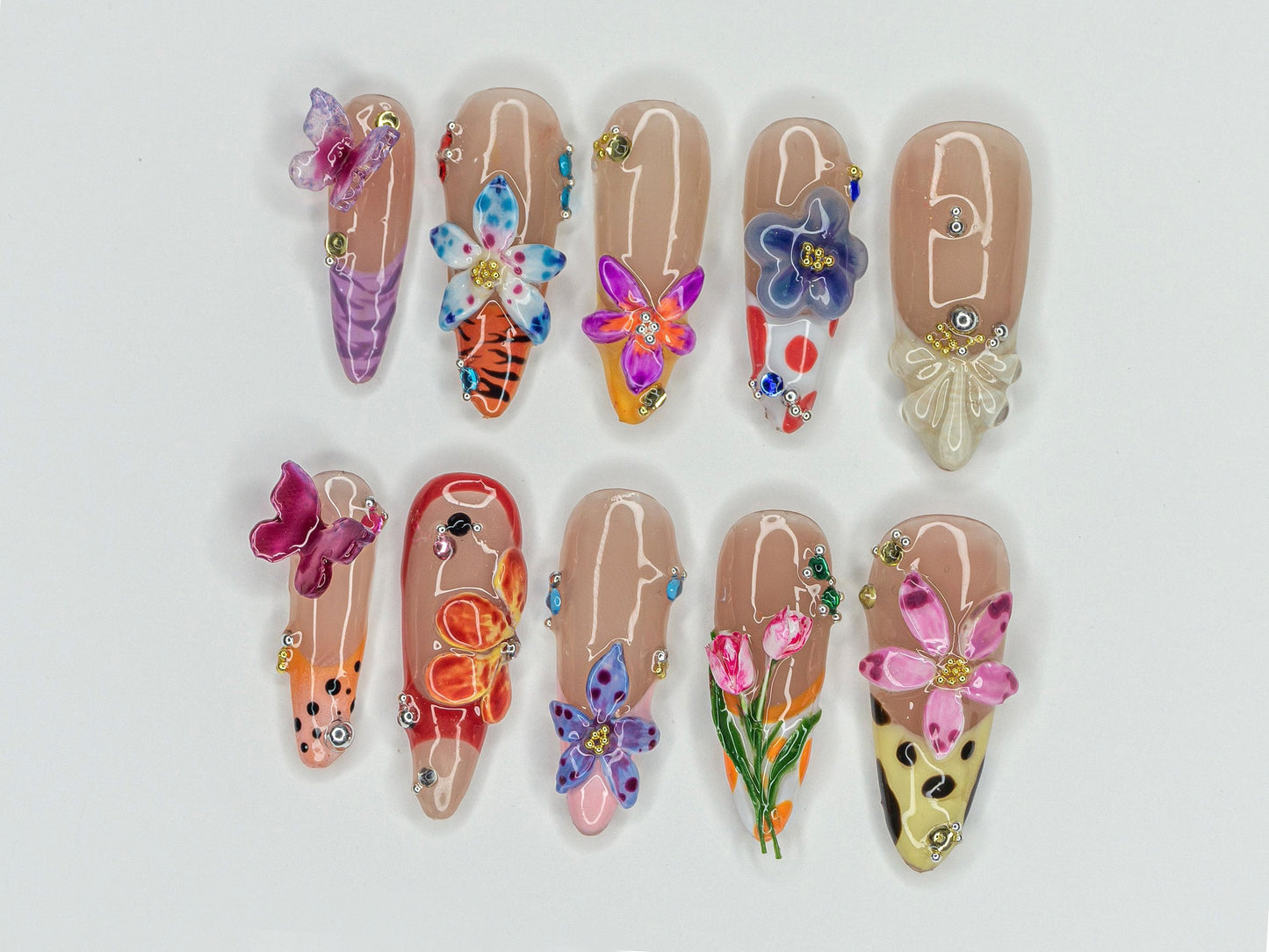 Colorful Flower Garden Press On Nails | Vibrant Bloom Fake Nails | Butterfly & Flower Nail Art | Floral Fantasy Acrylci Nails | J426Y