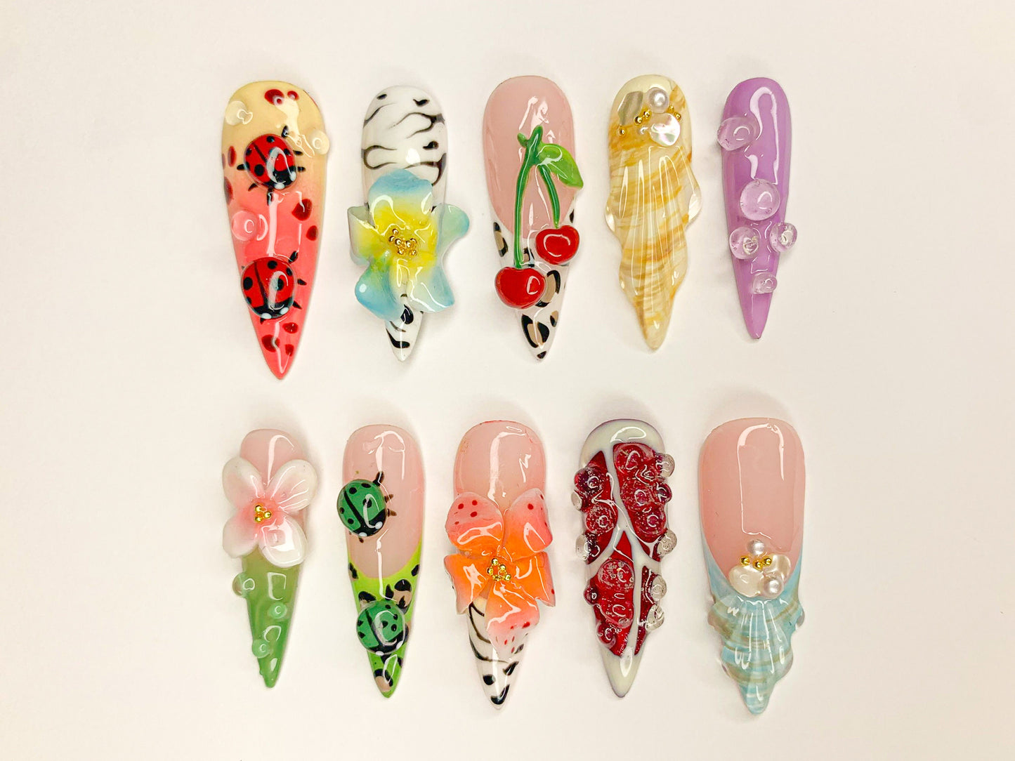 Kawaii 3D Press On Nails | Adorable 3D Nail Art | Cute Ladybug, Cherry, and Flower Designs | Vibrant 3D Kawaii Nails | J461SL