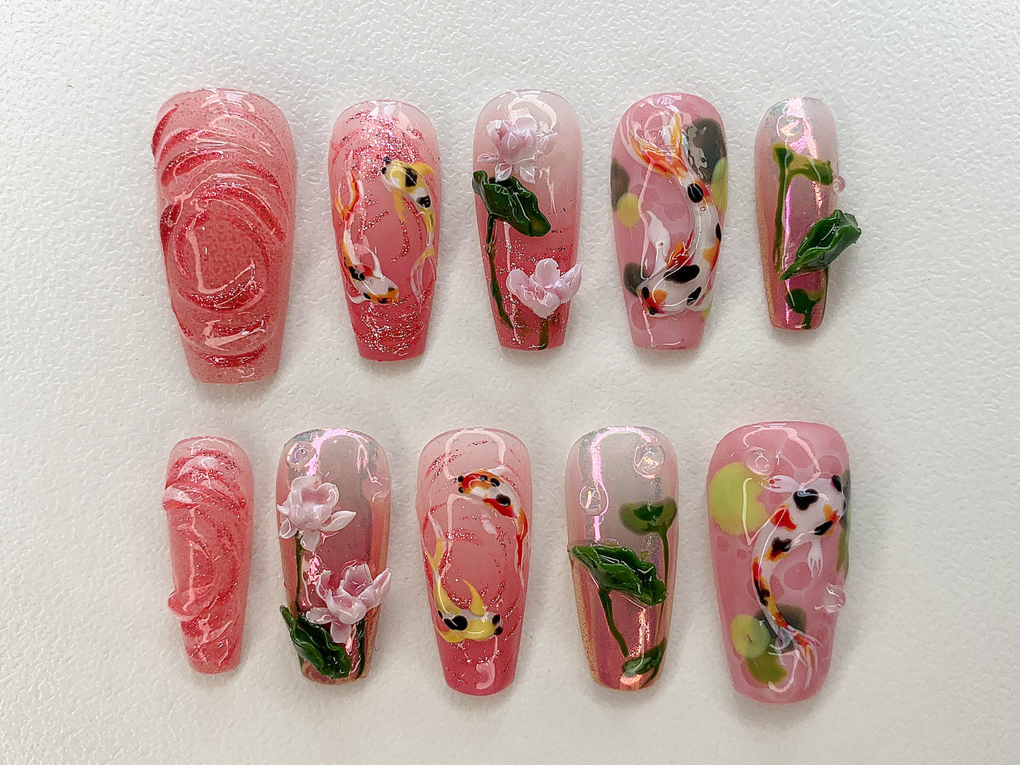 Koi Pond Bliss Press On Nails | Koi Floral Acrylic Nails | Serene Waters Nail Art | Blossoming Fake Nails | Pink Garden Koi Nails | J464AV