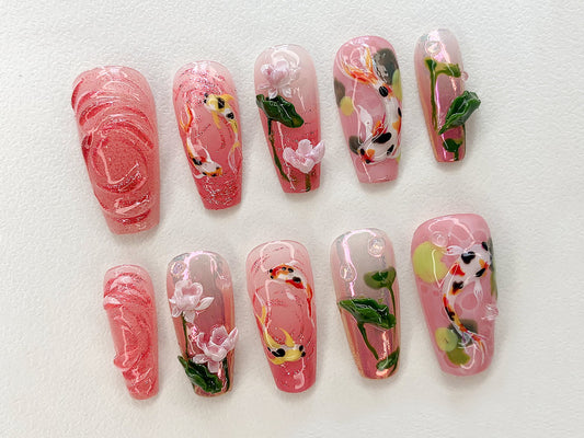 Koi Pond Bliss Press On Nails | Koi Floral Acrylic Nails | Serene Waters Nail Art | Blossoming Fake Nails | Pink Garden Koi Nails | J464AV