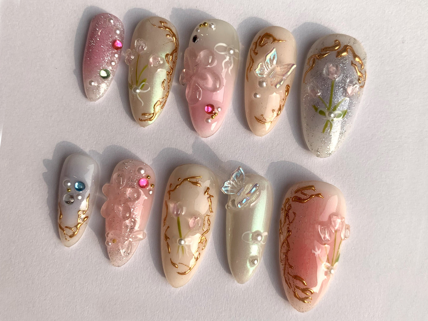 Dreamy Flowers Press On Nails Almond | Jelly Pastel Tulip Nail Art | 3D FairyCore Flower Press Ons | Romantic Nail Art in Fake Nails | J176S