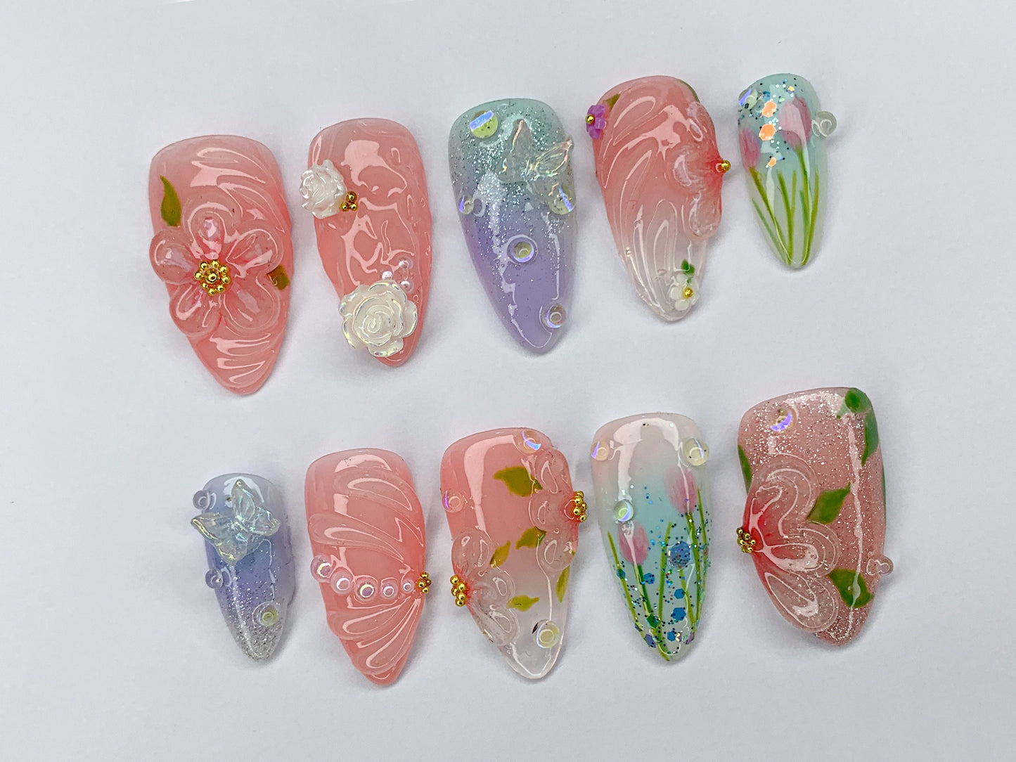 Dreamy Flowers Press On Nails Almond | Jelly Pastel Tulip Nail Art | 3D FairyCore Flower Press Ons | Romantic Nail Art in Fake Nails | J418S